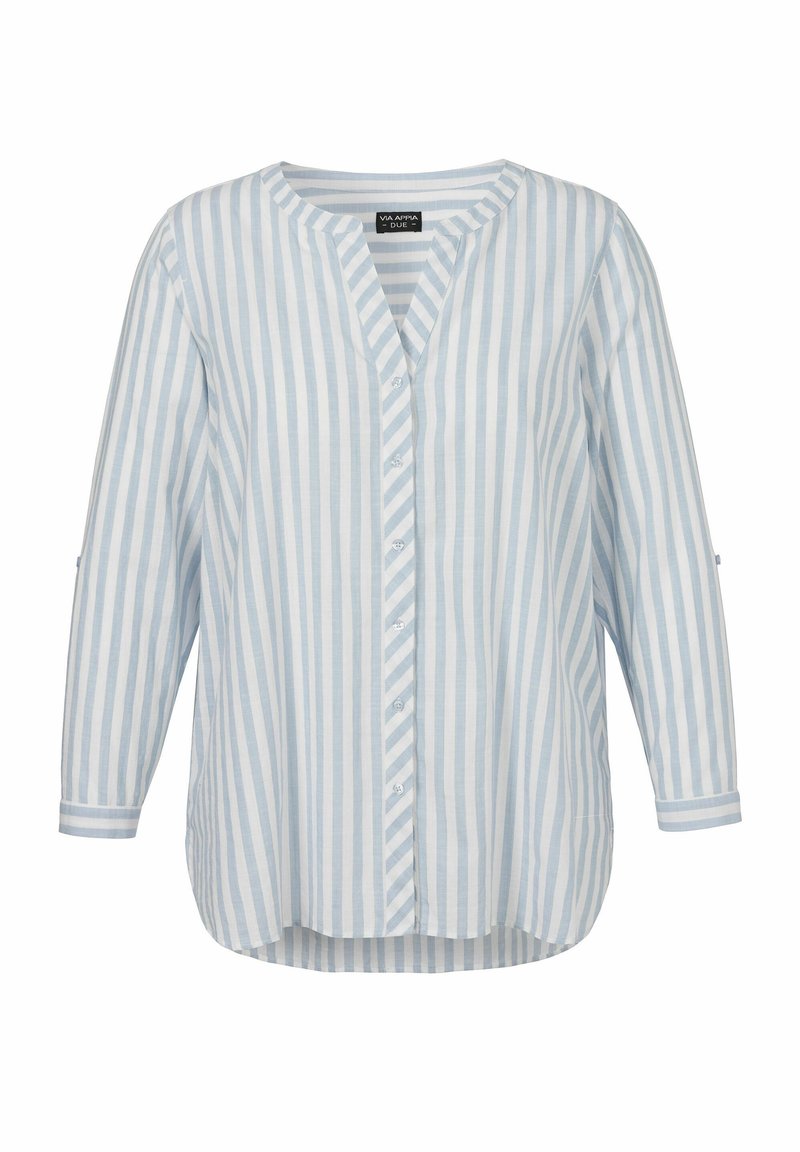 Gestreiftes Button-down-Hemd in Hellblau und Weiß, mit V-Ausschnitt, langen Ärmeln und lockerer Passform. Hergestellt aus Baumwolle mit glatter Textur.