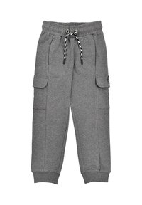 Graue Sweatpants aus weichem Material, mit einem elastischen Bund und einem schwarz-weißen Kordelzug sowie mehreren Seitentaschen.