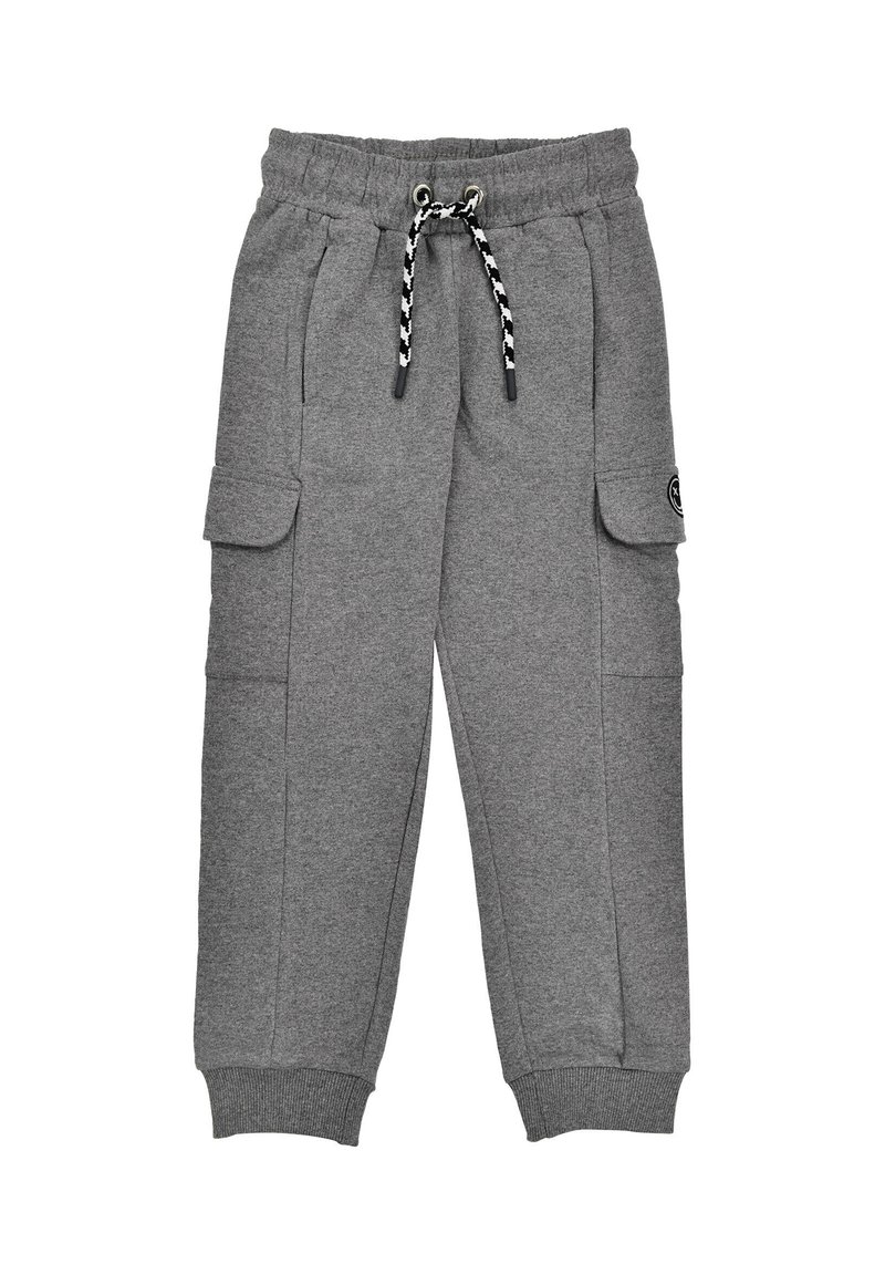 Graue Sweatpants aus weichem Material, mit einem elastischen Bund und einem schwarz-weißen Kordelzug sowie mehreren Seitentaschen.