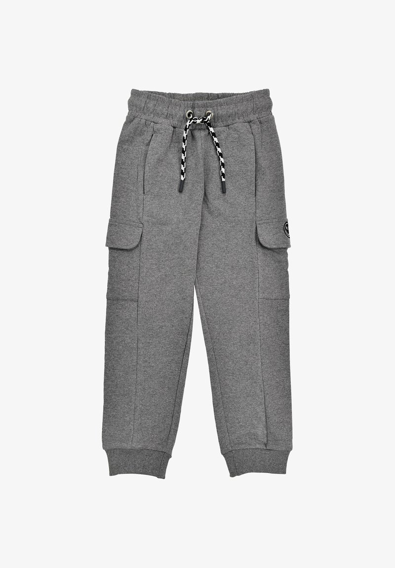 Graue Sweatpants aus weichem Material, mit einem elastischen Bund und einem schwarz-weißen Kordelzug sowie mehreren Seitentaschen.