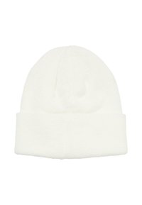 Baltas megztas kepurės su atlenktu kraštu. Minkšta tekstūra ir siūlių neturintis dizainas su suapvalintu viršumi.