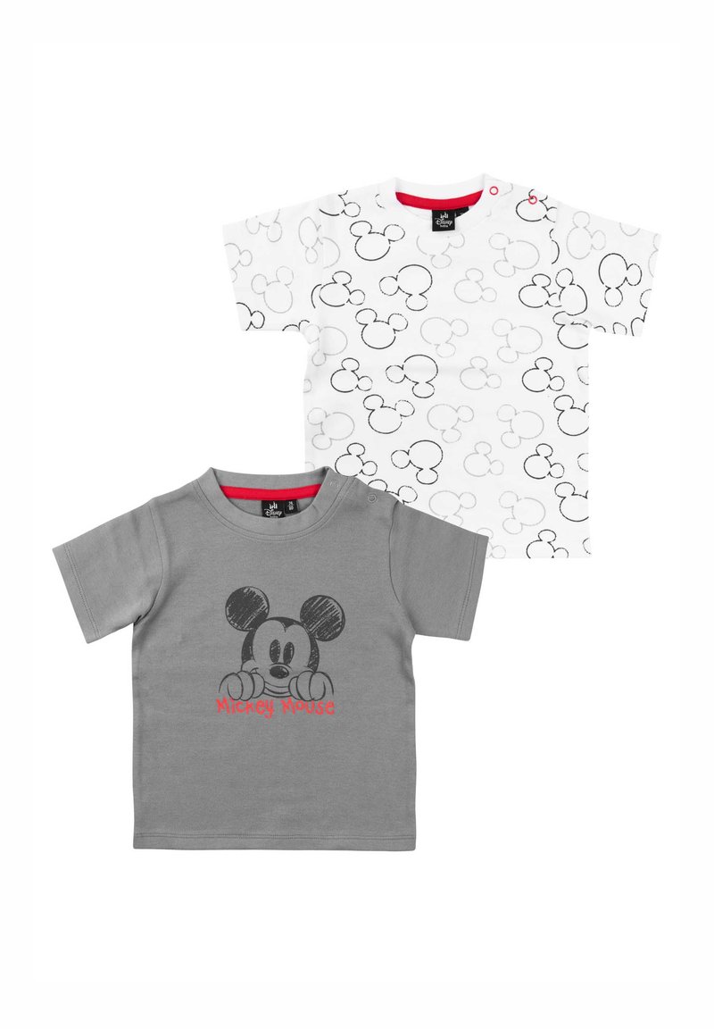 Due magliette: una grigia con una stampa di Topolino e testo rosso, l'altra bianca con un motivo di Topolino nero. Materiale in cotone.