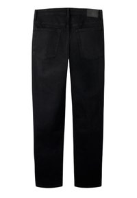 Černé džíny z denimu s přímým střihem, vybavené dvěma zadními kapsami, zesíleným pasem a hladkou texturou.