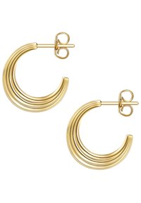 Auksinės tono virvelės auskarai su kreivai išlenktu dizainu, kuriame yra kelios lygiagrečios briaunos. Auskarai turi saugų užsegimą su segtuku.