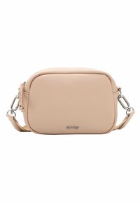 Borsa a tracolla in pelle beige chiaro con texture liscia, forma rettangolare, accessori in metallo argentato e tracolla rimovibile. Presenta un dettaglio con logo.