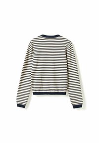 Langärmeliger Pullover mit Rundhalsausschnitt und horizontalen schwarzen und weißen Streifen, mit gerippten Bündchen an den Ärmeln und am Saum, von hinten auf weißem Hintergrund gezeigt.