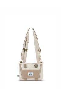 Borsa a tracolla beige realizzata in tessuto, con dettagli in rete e texture, tracolla regolabile e tasca frontale con etichetta.