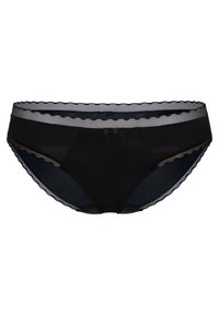 Biancheria intima nera con un elastico trasparente caratterizzato da bordi ondulati e un sottile motivo a righe. Materiale morbido, design a vita bassa, copertura totale.