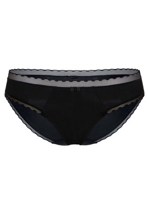 Biancheria intima nera con un elastico trasparente caratterizzato da bordi ondulati e un sottile motivo a righe. Materiale morbido, design a vita bassa, copertura totale.