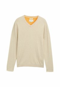 Beige Pullover mit langen Ärmeln und V-Ausschnitt sowie orangefarbenem Innenfutter. Weiche Textur, gerippte Bündchen und Saum, mit kleinem Logo auf der Brust.