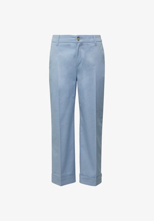 Hellblaue Baumwollhose mit geradem Bein, ausgestattet mit einem Knopfverschluss, Gürtelschlaufen und umgeschlagenen Säumen.