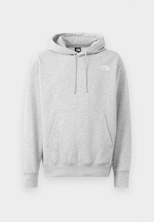 Grauer Hoodie aus weichem Material. Verfügt über eine Kängurutasche, eine verstellbare Kapuze und ein weißes Logo auf der linken Brust. Rippstrickbündchen und Saum.