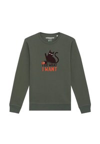 Olijfgroene sweatshirt met lange mouwen. Kenmerkt een cartoon zwarte kat en de tekst "IK DOE WAT IK WIL" in oranje. Rond de hals.