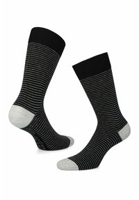 Czarne skarpetki z cienkimi białymi paskami, z jednolitą czarną mankietą oraz jasnoszarymi akcentami na pięcie i palcach. Wykonane z miękkiego, elastycznego materiału.