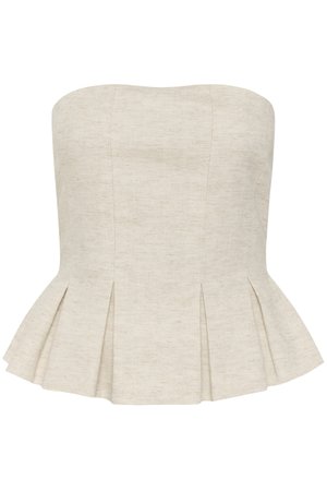 Pánt nélküli bézs színű len peplum top strukturált varrásokkal és bővülő redőkkel az alsó szélén.