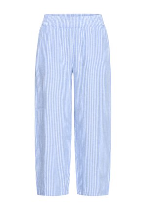 Pantalon large bleu clair à rayures verticales blanches, taille élastique, longueur raccourcie.