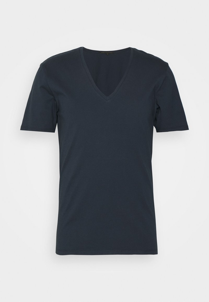 Navy blue cotton t-shirt with a v-neck, short sleeves, and a smooth texture. Simple design with no patterns or visible hardware.