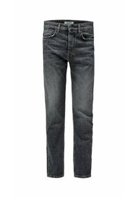 Jeans de mezclilla negros de corte slim con un clásico diseño de cinco bolsillos, costuras visibles y un ligero desgastado para dar textura adicional.