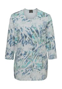 Lichtgewicht button-up jas in lichtgrijs met een blauw en groen abstract patroon. Heeft driekwart mouwen en een gestructureerde stof.