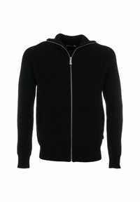 Cardigan zippé noir en tricot côtelé avec un col haut, doté de poches latérales et d'une fermeture éclair argentée, idéal pour un look décontracté.