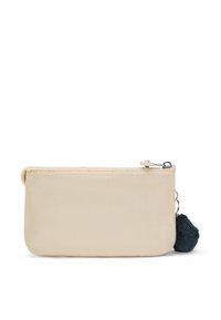 Beige stoffen zakje met een ritsslot, met een marineblauwe pompon aan de metalen bevestiging. Glad van structuur, rechthoekige vorm.