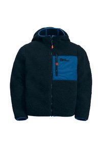 Veste en polaire de couleur bleu marine foncé, avec une poche poitrine bleue zippée, des accents orange, une capuche et des poignets élastiques. Tissu texturé au look douillet.