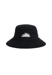 Black cotton bucket hat with a wide brim and white sun logo on the front. Features textured fabric for comfort and style.