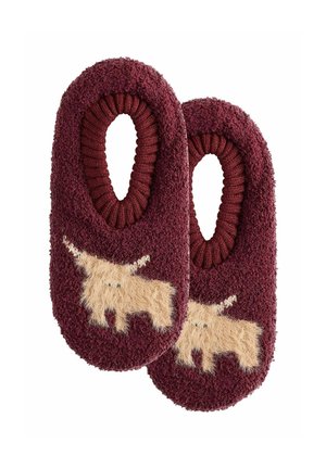 Pair of maroon fuzzy slippers with beige moose designs on the top and elasticized openings for a snug fit.