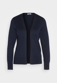 Cardigan tricoté marine avec un col en V, des manches longues, une ouverture à l'avant, et des poignets et un ourlet côtelés. Texture lisse sans boutons ni motifs.