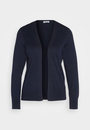 Cardigan lavorato a maglia blu navy con scollo a V, maniche lunghe, apertura frontale e polsini e orlo a costine. Tessuto liscio senza bottoni o fantasie.