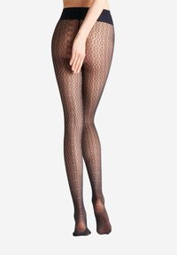 Collant neri con motivi floreali intricati, texture trasparente e una cintura ampia. Il design presenta un motivo a maglia stretta in tutto il collant.