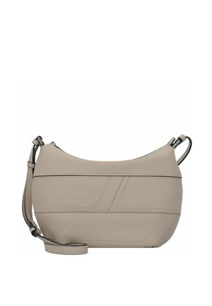 Beige Leder Umhängetasche mit geschwungener Form, geometrischer Naht und verstellbarem Tragegurt. Ausgestattet mit silbernem Beschlag und einem Reißverschluss.