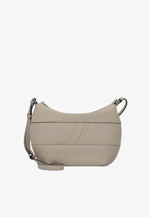 Beige leather crossbody bag with curved shape, geometric stitching, and adjustable strap. Features silver hardware and a zip closure.