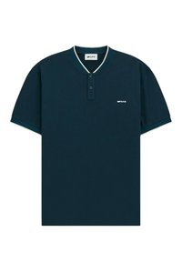 Polo shirt a maniche corte blu navy in cotone, con patta di chiusura a bottoni, colletto a contrasto e un piccolo logo sul petto.