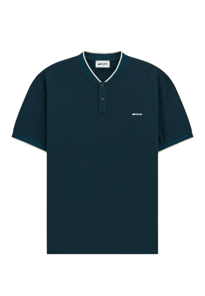 Polo shirt a maniche corte blu navy in cotone, con patta di chiusura a bottoni, colletto a contrasto e un piccolo logo sul petto.