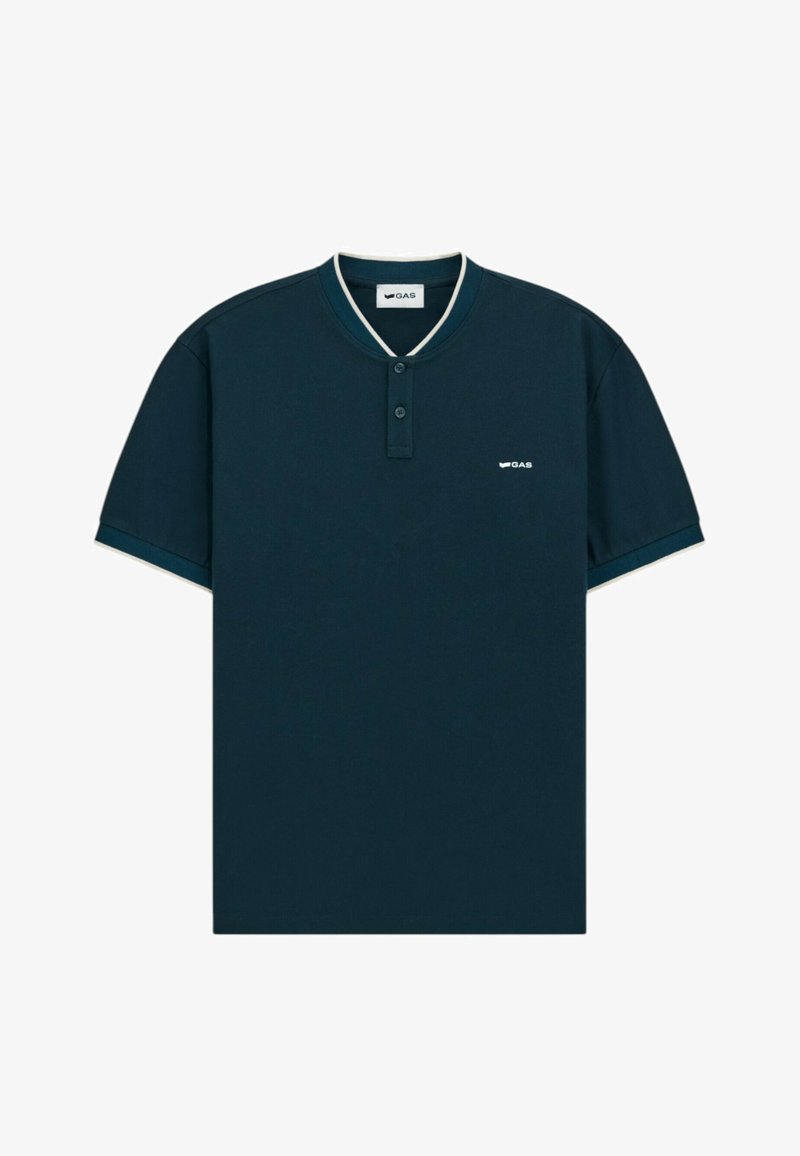 Polo shirt a maniche corte blu navy in cotone, con patta di chiusura a bottoni, colletto a contrasto e un piccolo logo sul petto.