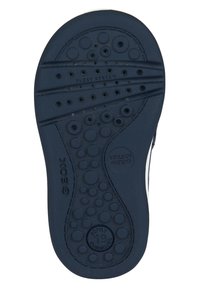 Semelle en caoutchouc marine avec des perforations circulaires et ovales. Présente les marquages "SYSTÈME FLEXY" et "BREVET ITALIEN". Rembourrée pour le confort.