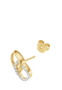 Gold earring with a chain-link design, partially encrusted with small clear gemstones, and a separate gold earring back shown beside it.