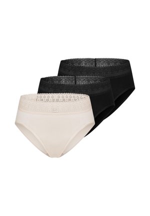 Set of three women's briefs with wide lace waistbands, two in black and one in beige, arranged overlapping on white background.