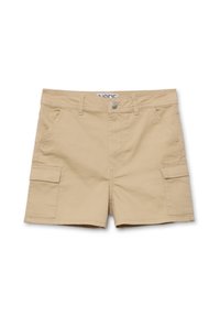 Pantalones cortos tipo cargo beige con dos bolsillos frontales y un bolsillo lateral, hechos de tela de algodón, con cierre de botón y costuras cosidas.