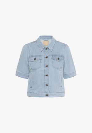 Šviesiai mėlynas dryžuotas džinsinis švarkas su trumpomis rankovėmis, mygtukų uždarymu ir dviem krūtinės kišenėmis. Turi klasikinį apykaklę ir tekstūruotą finišą.