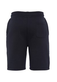 Bermuda blu navy realizzate in tessuto morbido, dotate di una vita elastica, lunghezza corta e una tasca posteriore con un design cucito.