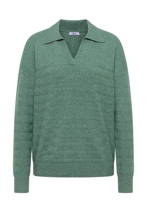 Grøn strikket pullover med v-hals og krave, prydet med strukturerede vandrette striber og lange ærmer, lavet af blødt stof.