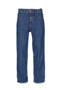 Denimjeans i mörkblått med raka ben, med standard midjeband, knappstängning och subtila blekningsdetaljer.