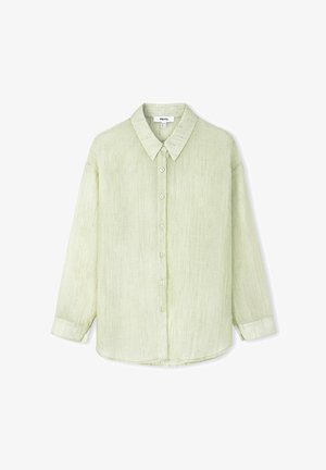 Hellgrünes Langarmhemd aus strukturiertem Stoff, mit spitzem Kragen, durchgehendem Knopfverschluss und abgerundetem Saum mit geknöpften Ärmeln.
