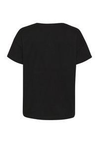 Črna bombažna majica, kratki rokavi, okroglo izrezan ovratnik, brez vidnih vzorcev, gladka tekstura, ravni rob, preprost dizajn, enostavna zadnja stran.