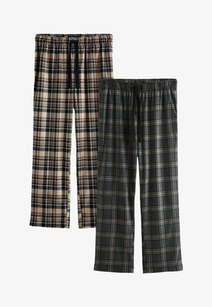 Twee paar geruite loungebroeken; de ene beige en marineblauw, de andere donkergrijs met lichtblauwe accenten. Beide hebben een elastische tailleband en een trekkoord.