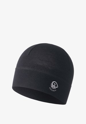 Schwarze Strickmütze aus weichem Material, mit runder Form und einem Logo-Akzent am Rand sowie sichtbaren Nahtdetails.