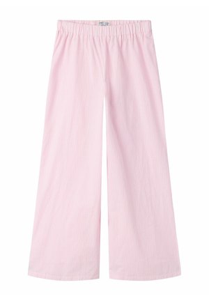 Lyserøde og hvide bukser med brede ben og vertikale striber samt elastisk talje, designet til børn.