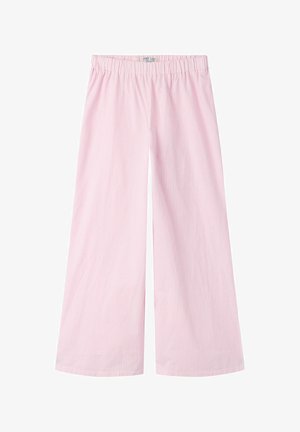 Lyserøde og hvide bukser med brede ben og vertikale striber samt elastisk talje, designet til børn.